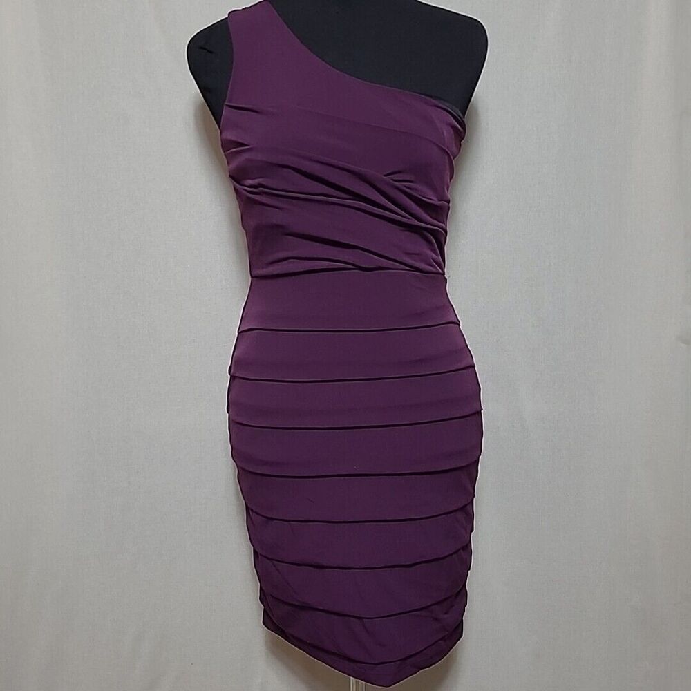 Valerie Bertinelli Sheath Dress Size 6 One Shoulders Lined Layered Purple